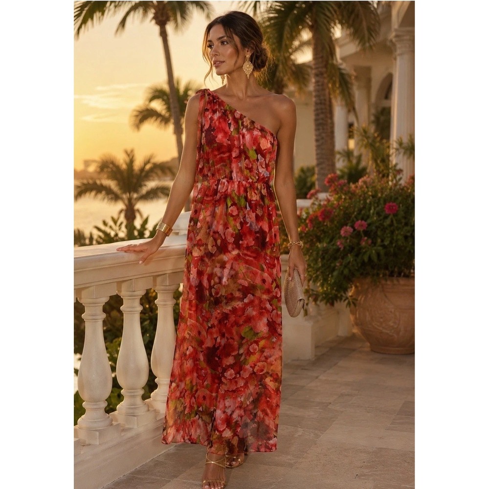Lara G Italy Silk Blend Floral One Shoulder Maxi Dress Red Orange L Resort Glam